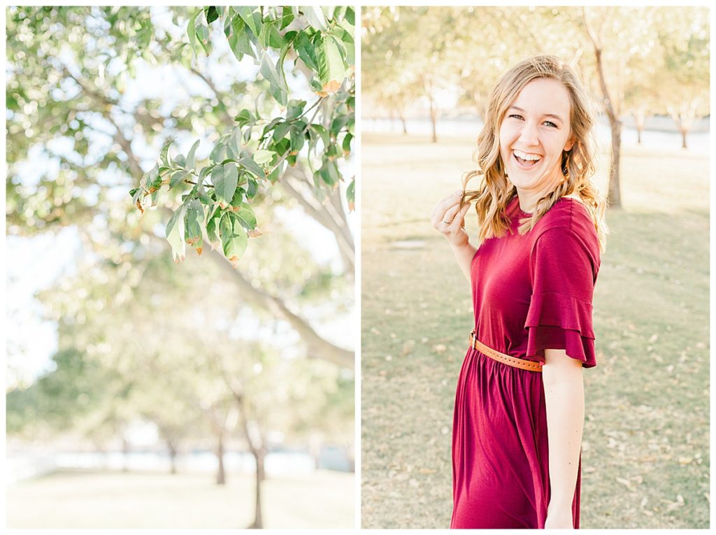 photo of a young women standing in Morrison Ranch under a balcony of green trees and a white picket fence