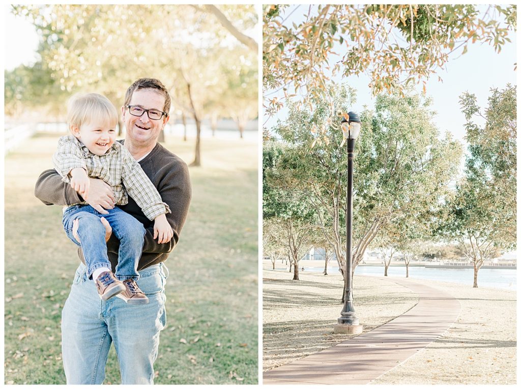 Dad playing with little boy and a street light and sidewalk at Morrison Lake