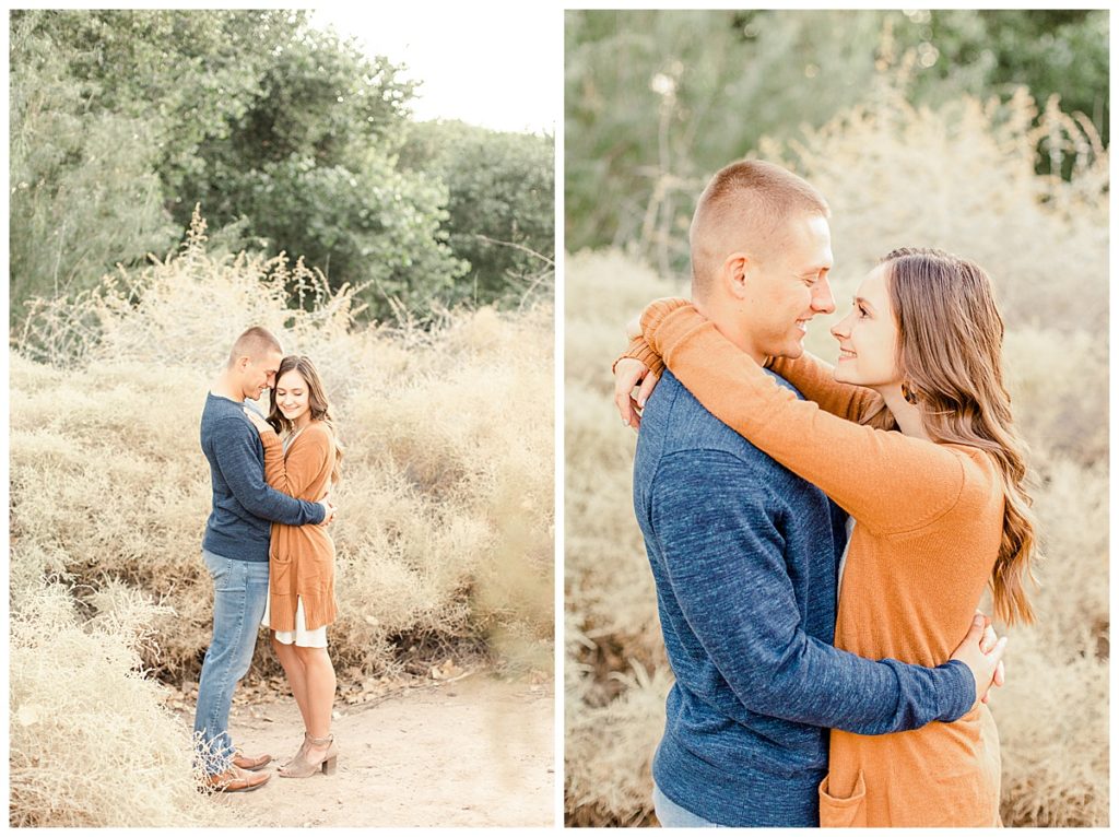 couple photos at Queen Creek Was man wearing bright blue shirt and woman wearing cream dress with copper cardigan, 