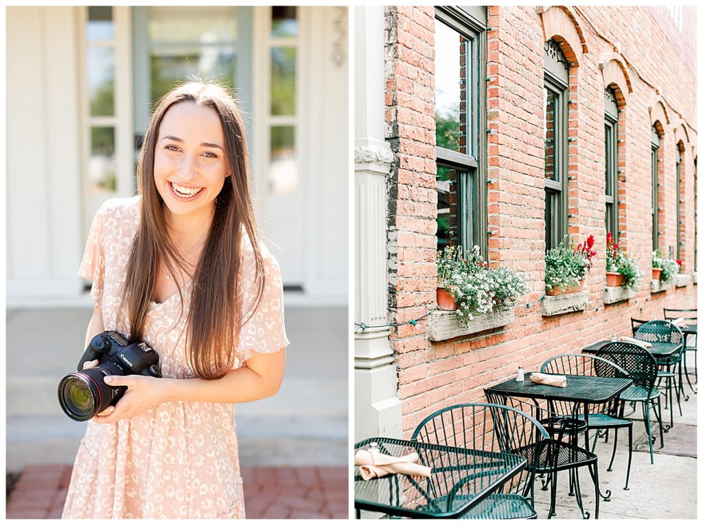 Girl holding camera and flowers sitting in a window with tables and chairs