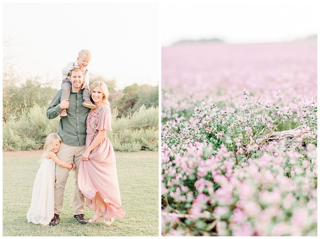 family photo with kids climbing all over parents, and a lavender field