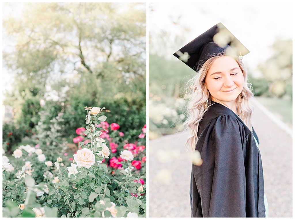 rose garden senior photos, yellow and pink roses at the MCC rose garden