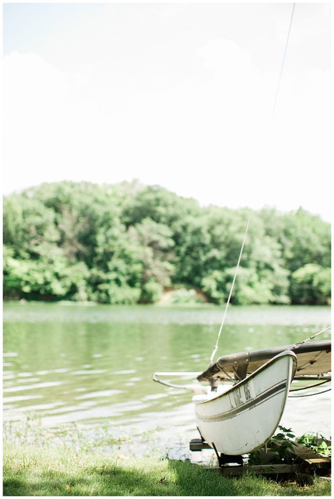 boat on the lake with green trees and grass