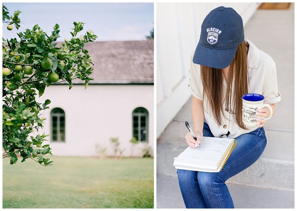 tree and cottage, and girl in baseball cap planning and drinking coffee, I'm back.