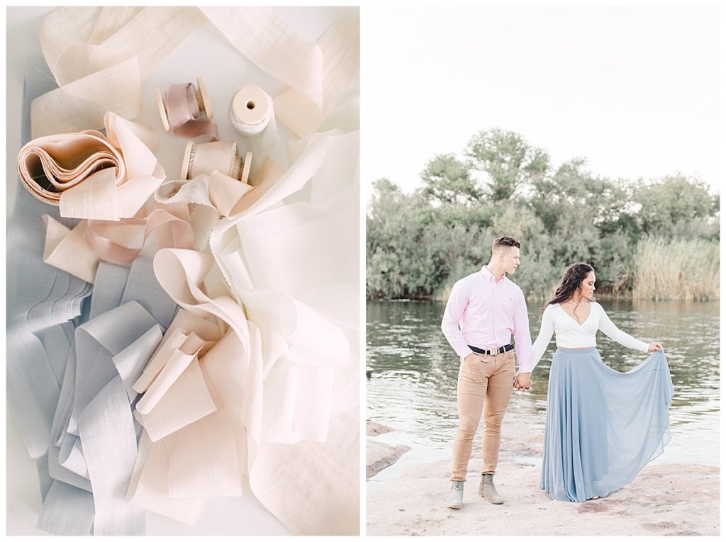 pink and blue ribbon laid out and couple holding hands with a ig slowly blue skirt