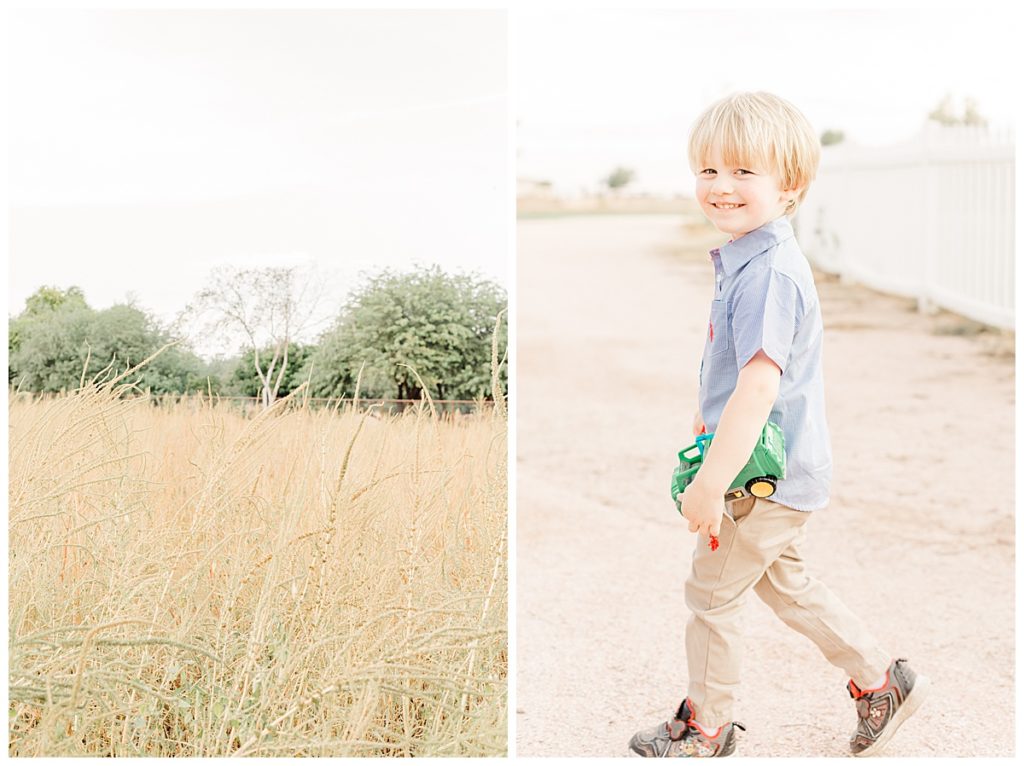 little boy running with toy truck in his hand at Tumbleweed Park in Chandler Arizona