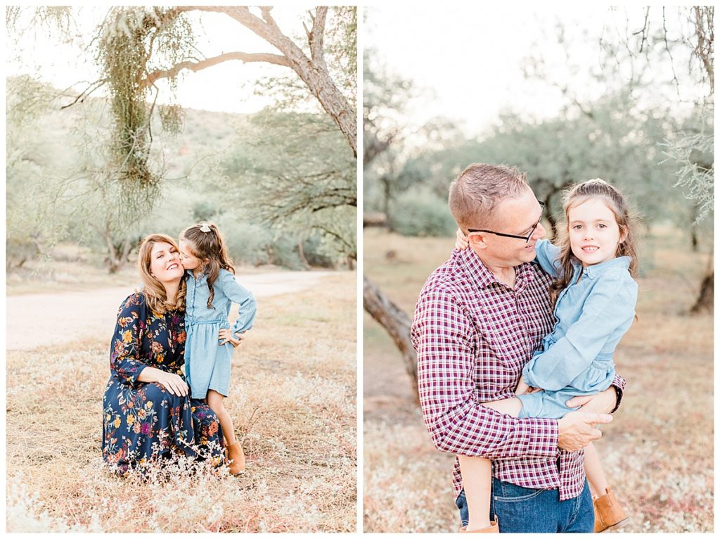 Thiel's family Photos at Coons Bluff | Little girl giving mom a kiss on the cheek and Dad holding little girl