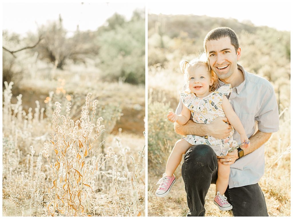 girl and dad playing with flowers at Coons Bluff