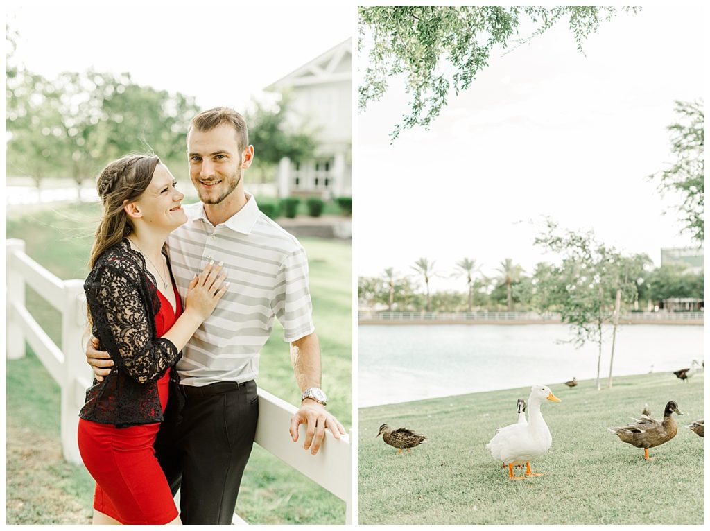 Josh & Kaitlyn leaning on fence and laughing, ducks waddling around Morrison Ranch 