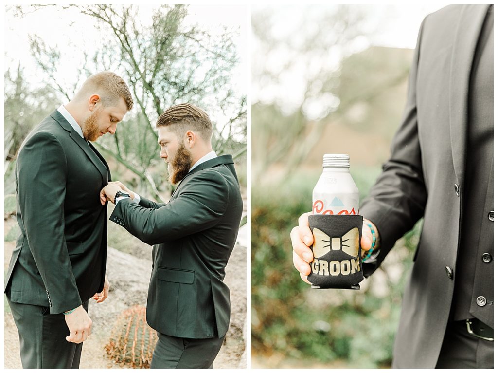 Chelsea & Kyle's Troon North Golf Club Wedding | Groomsmen drinking Beer