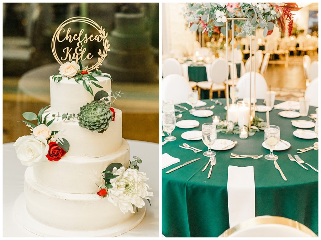 Chelsea & Kyle's Troon North Golf Club Reception Decor, Emerald Green & Gold