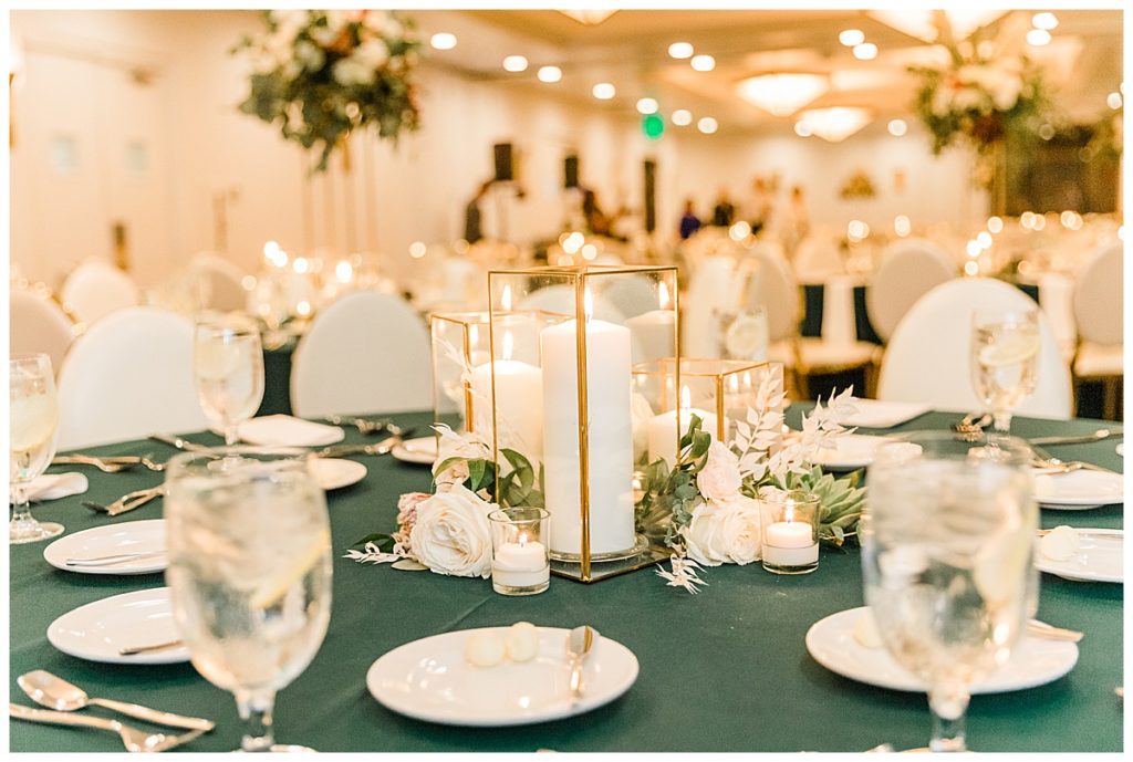 Chelsea & Kyle's Troon North Golf Club Reception Decor, Emerald Green & Gold