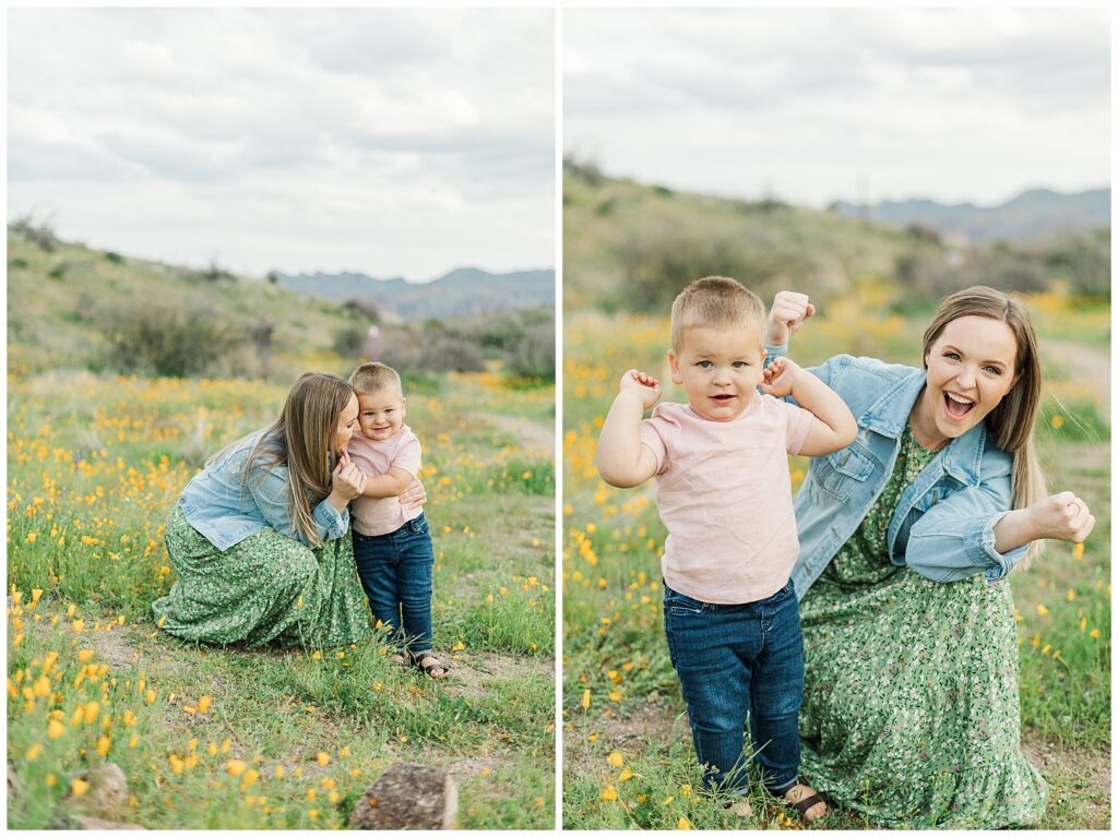 Mom and sons playing & showing their muscles in a field of Spring Desert Wildflower | Bethie Grondin Photography