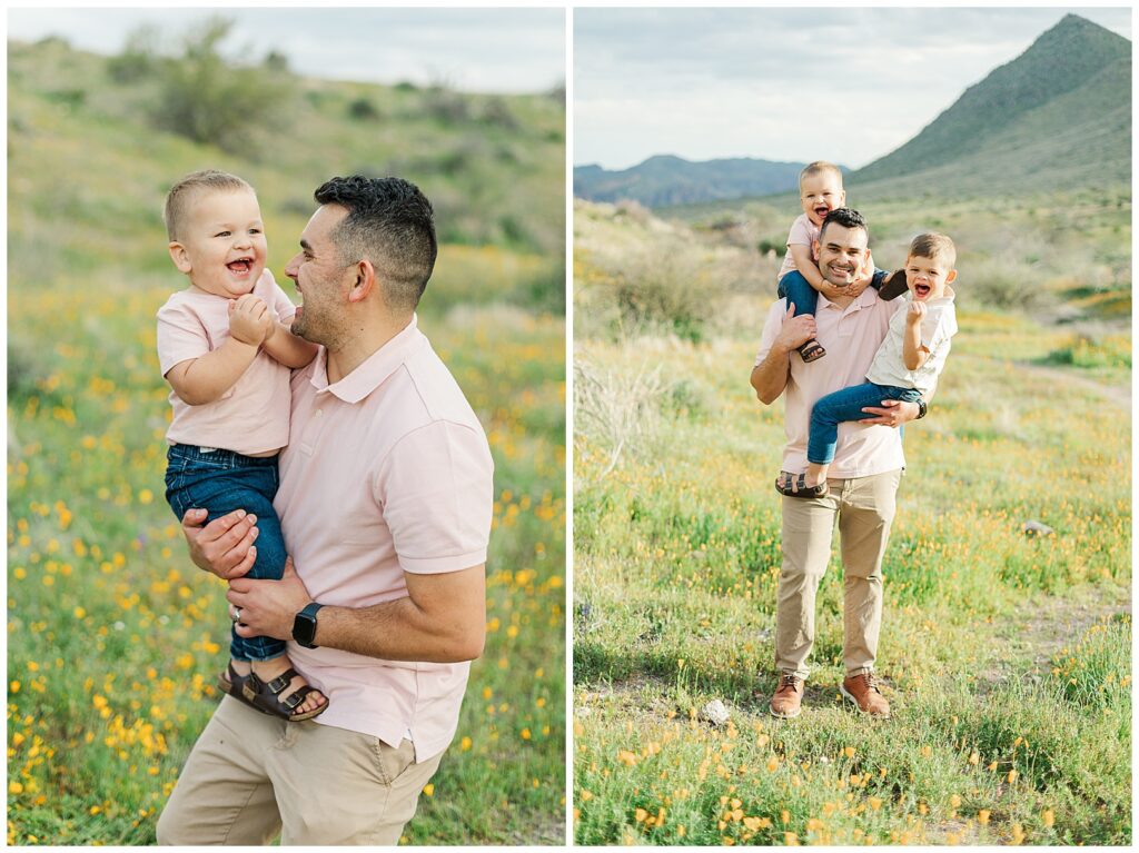 father and sons playing in a field of Spring Desert Wildflower | Bethie Grondin Photography