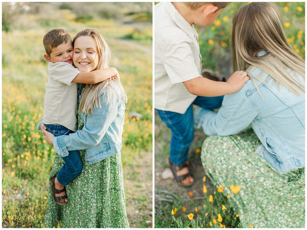 mom helping her son put his shoe on in a field of Spring Desert Wildflower Family Photos | Bethie Grondin Photography