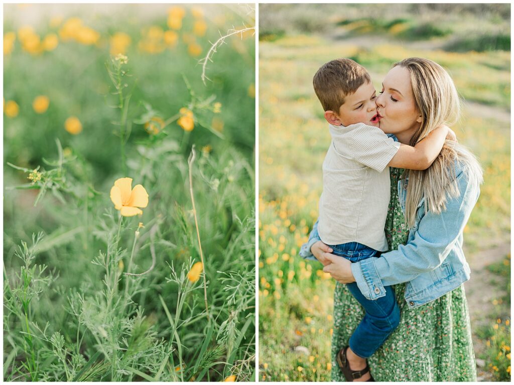 mom and sons kissing in a field of Spring Desert Wildflower Family Photos | Bethie Grondin Photography