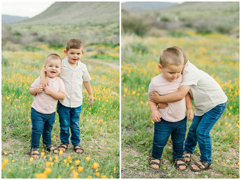 two little brothers hugging in a field of Spring Desert Wildflower Family Photos | Bethie Grondin Photography