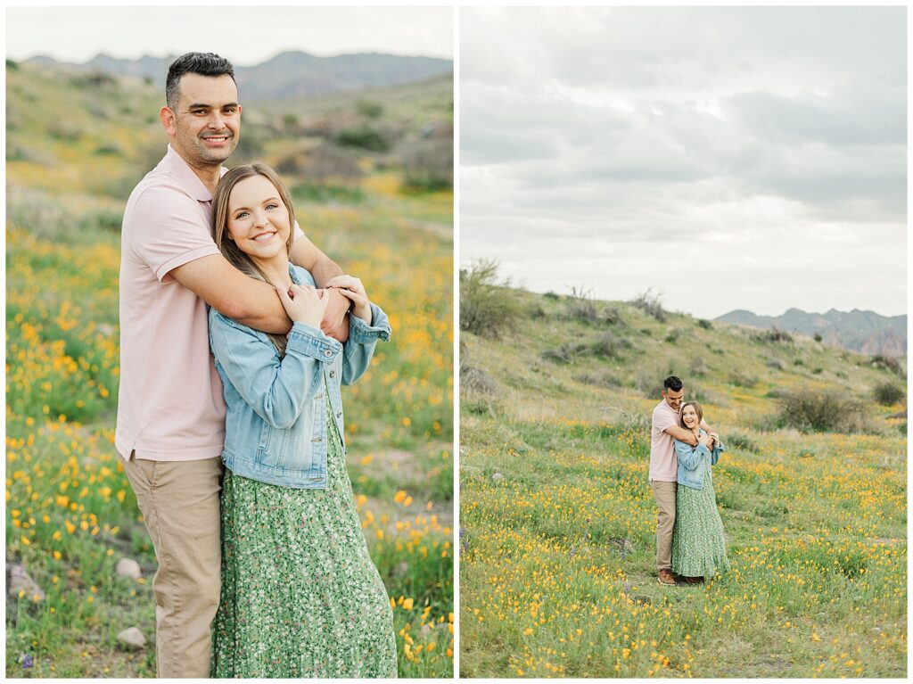 Husband and wife portraits standing in a field of wildflowers at bush highway spring desert photos 