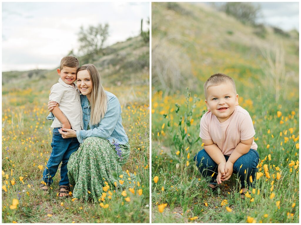 mom and sons kneeling in a field of Spring Desert Wildflower Family Photos | Bethie Grondin Photography