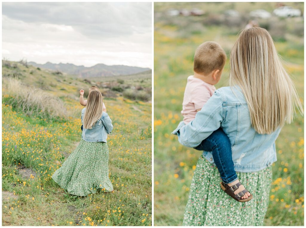 mom and son walking in a field of Spring Desert Wildflower Family Photos | Bethie Grondin Photography