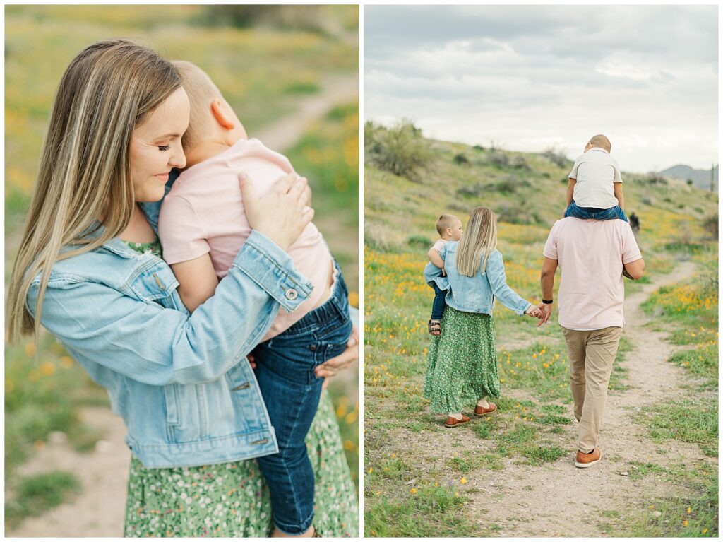 family walking in a field of Spring Desert Wildflower Family Photos & a mama and son snuggling| Bethie Grondin Photography