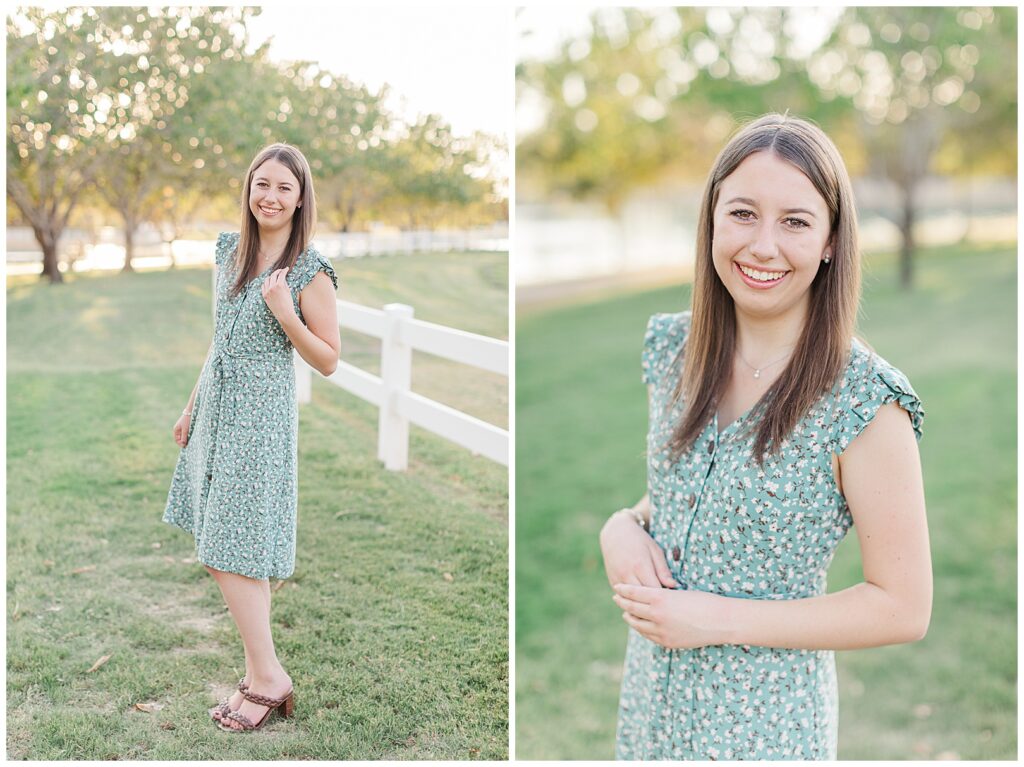 senior photos at Morrison Ranch, girl in green dress standing on grass by trees