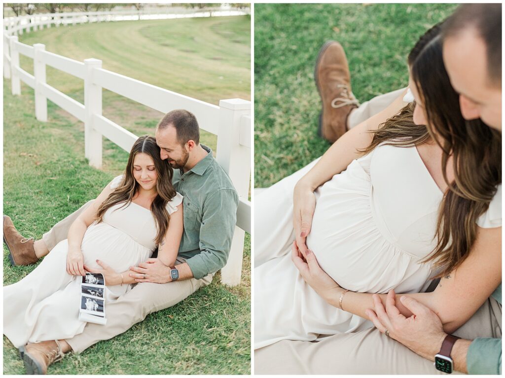 mom and dad leaning on white picket fence and snuggled up with baby bump and ultra sound