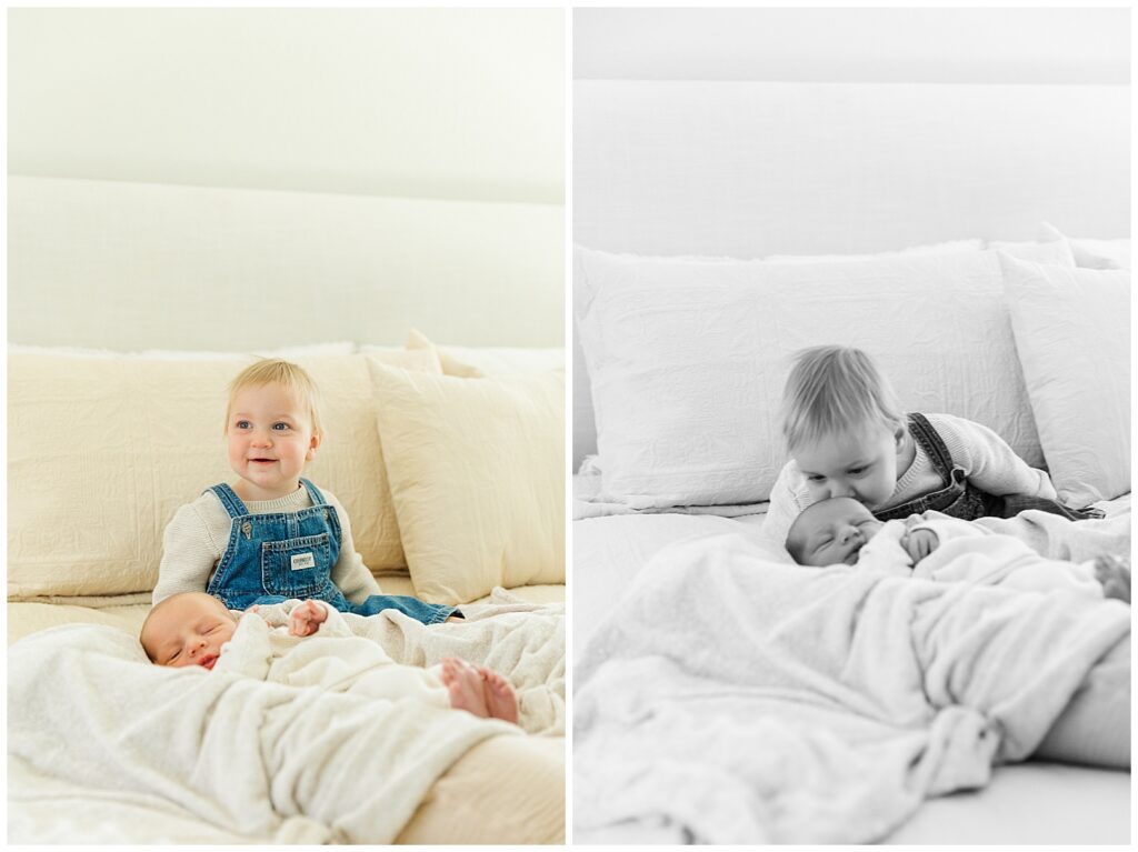 toddler meeting her newborn little brother & kissing his forehead, In-home newborn photos