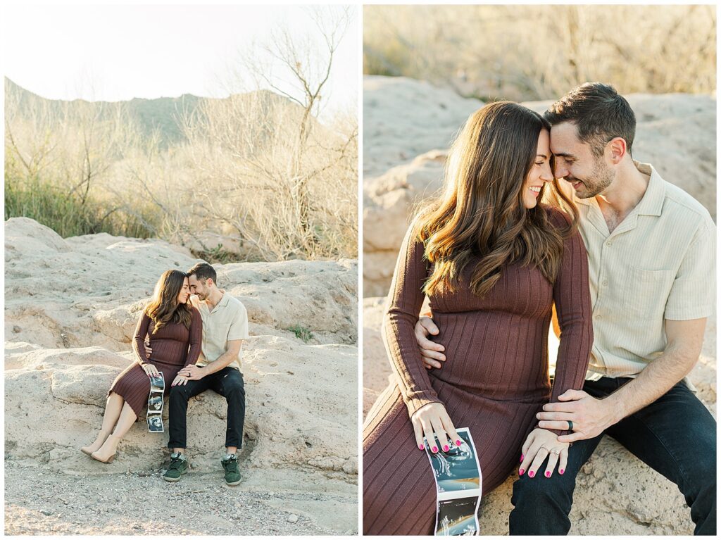 Phon D. Sutton Baby Announcement Photos | Couple with ultra sound sitting on rocks with beautiful mountain range in the back