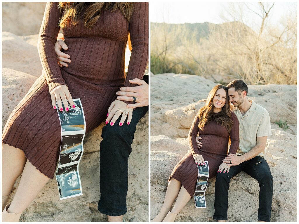 Desert Gilbert Arizona Baby Announcement Photos | Couple with ultra sound sitting on rocks with beautiful mountain range in the back