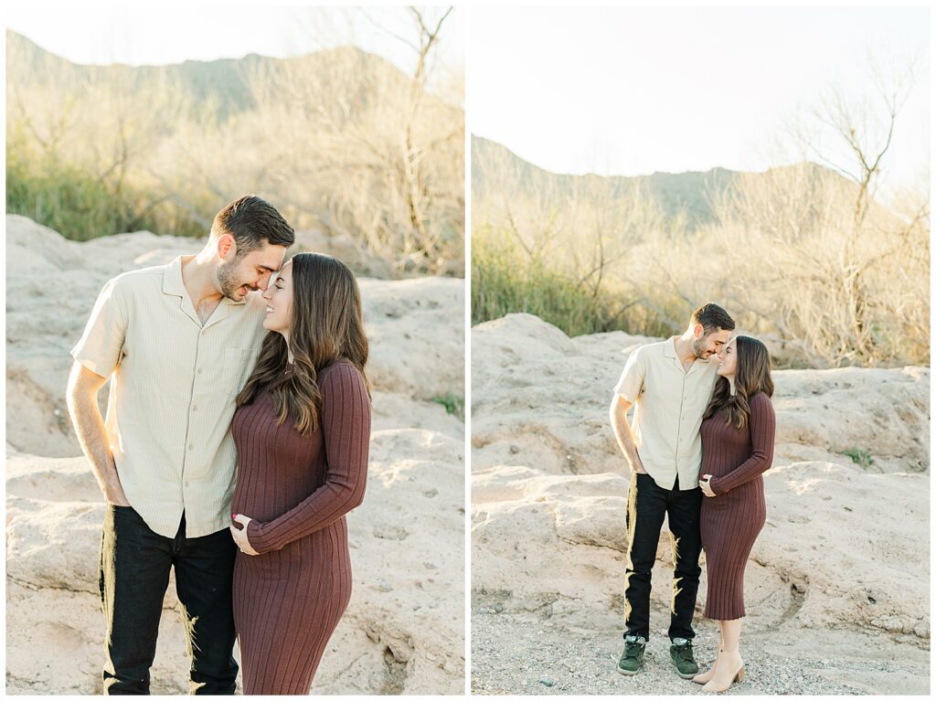 Phon D. Sutton Baby Announcement Photos | Couple with ultra sound sitting on rocks with beautiful mountain range in the back