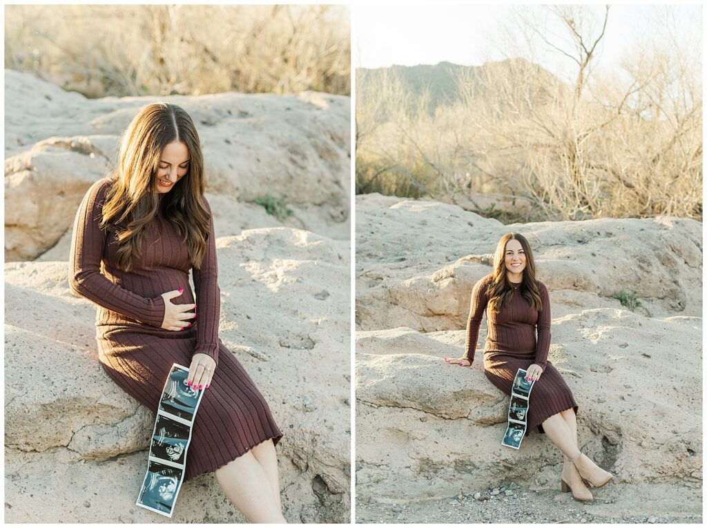 Phon D. Sutton Baby Announcement Photos | Mom with ultra sound sitting on rocks with beautiful mountain range in the back