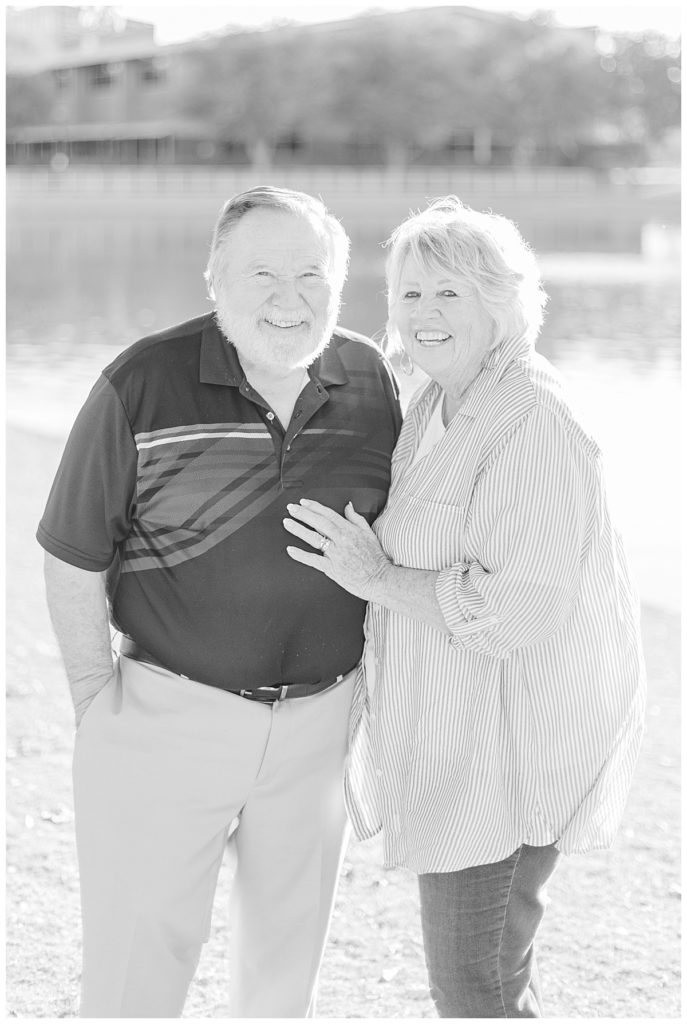 Morrison Ranch Couples photograph in black and white with grass, lake, and tress