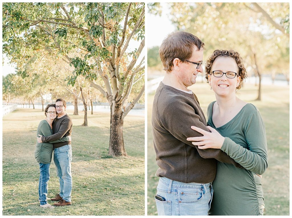 Couples photos at Morrison Ranch standing on green grasss, under big green trees, near a lake