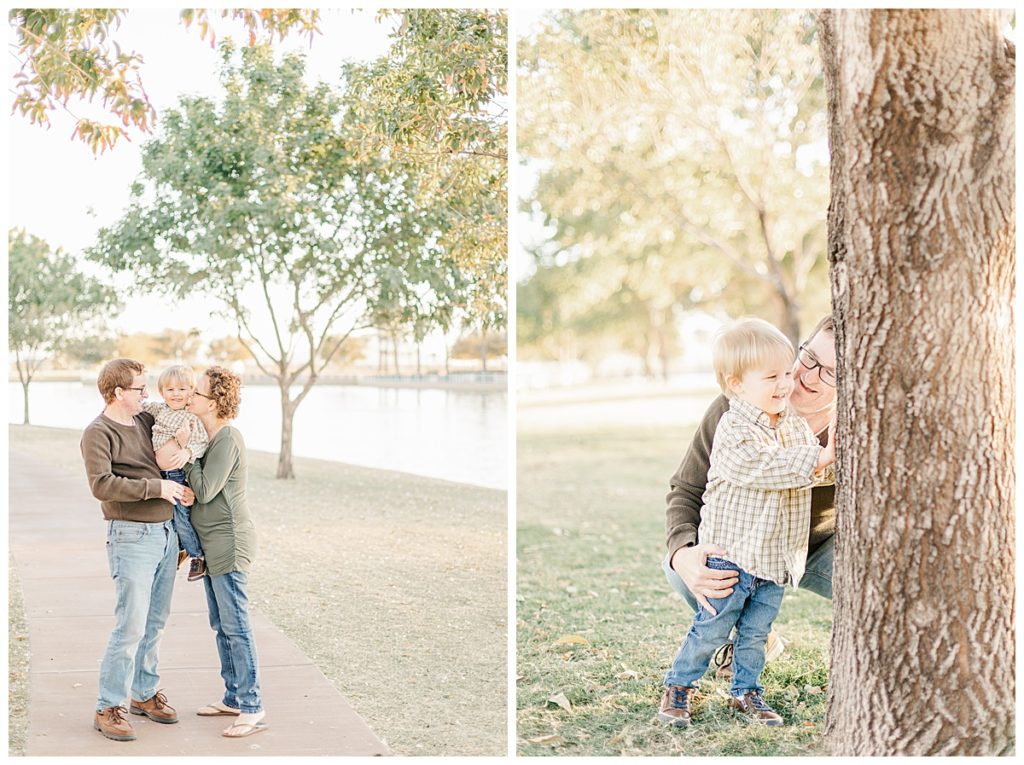 family photos at Morrison Ranch, mom and dad giving little boy kisses and dad playing with little boy behind a tree