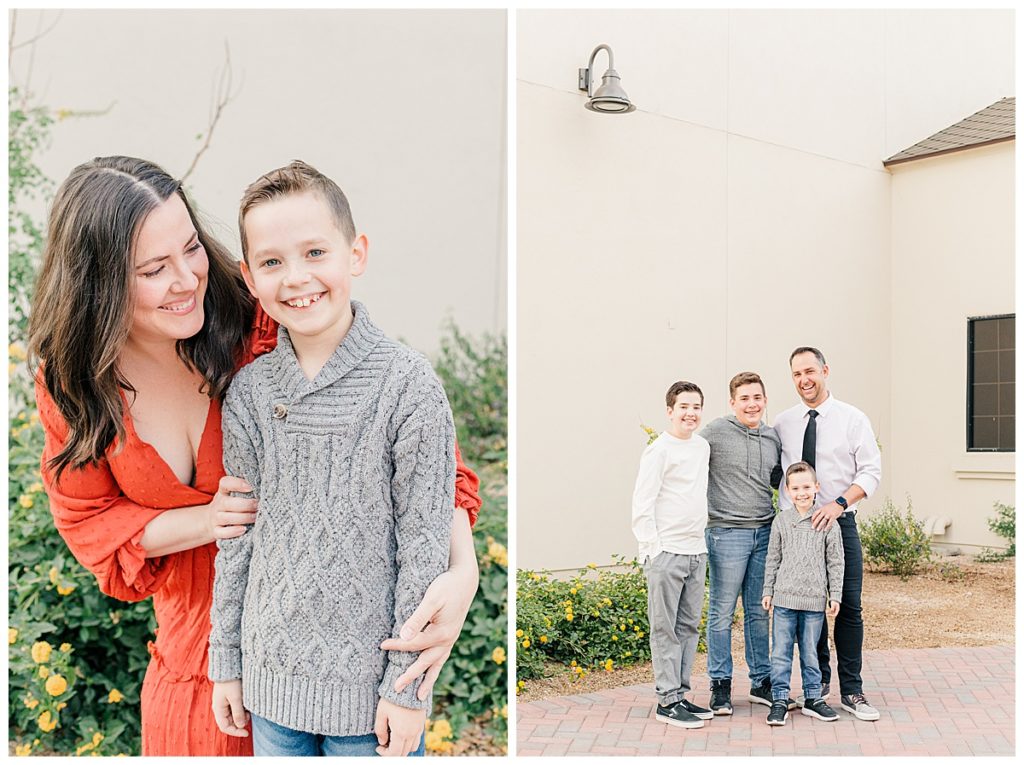 Family Photos at Downtown Gilbert, mom hugging little boy, Dad standing with three sons