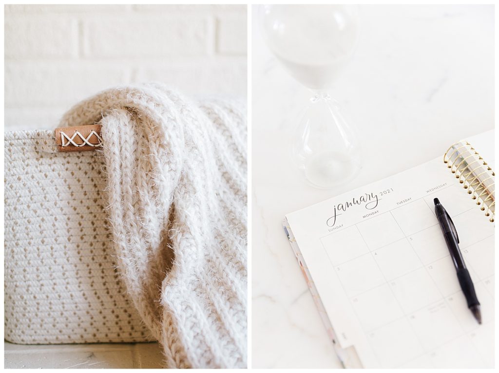 a cozy blanket and a basket and a planner and a pen. Planning my New Years resolution: Delighting the Lord