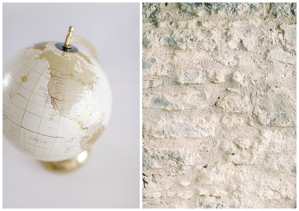 A fine art photo of a gold globe next to a texture wall