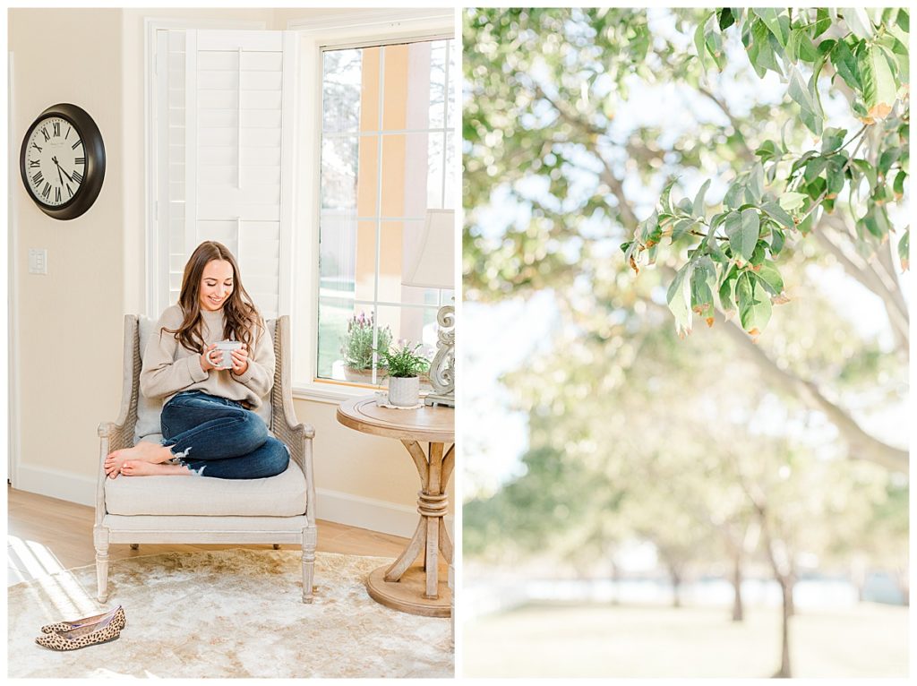 Girl curled up in a cozy chair, laughing down, and drinking coffee next to a photo of branches on a tree at Morrison Ranch