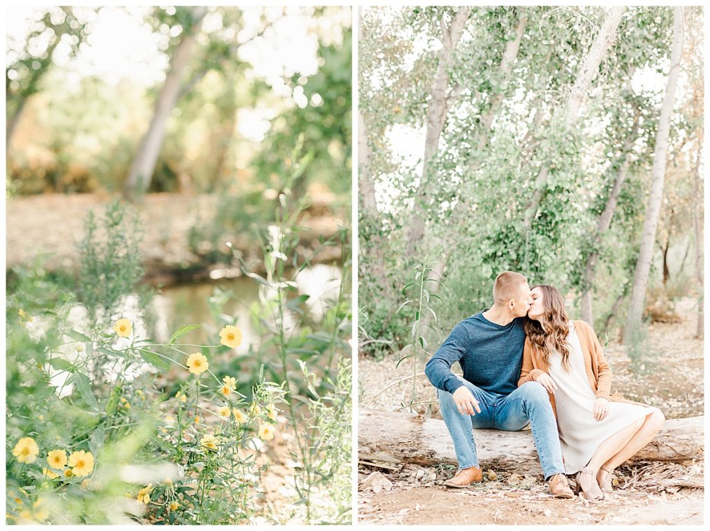 little yellow flowers and a couple snuggling and kissing on a long in the forest... How to match your photos to your home decor