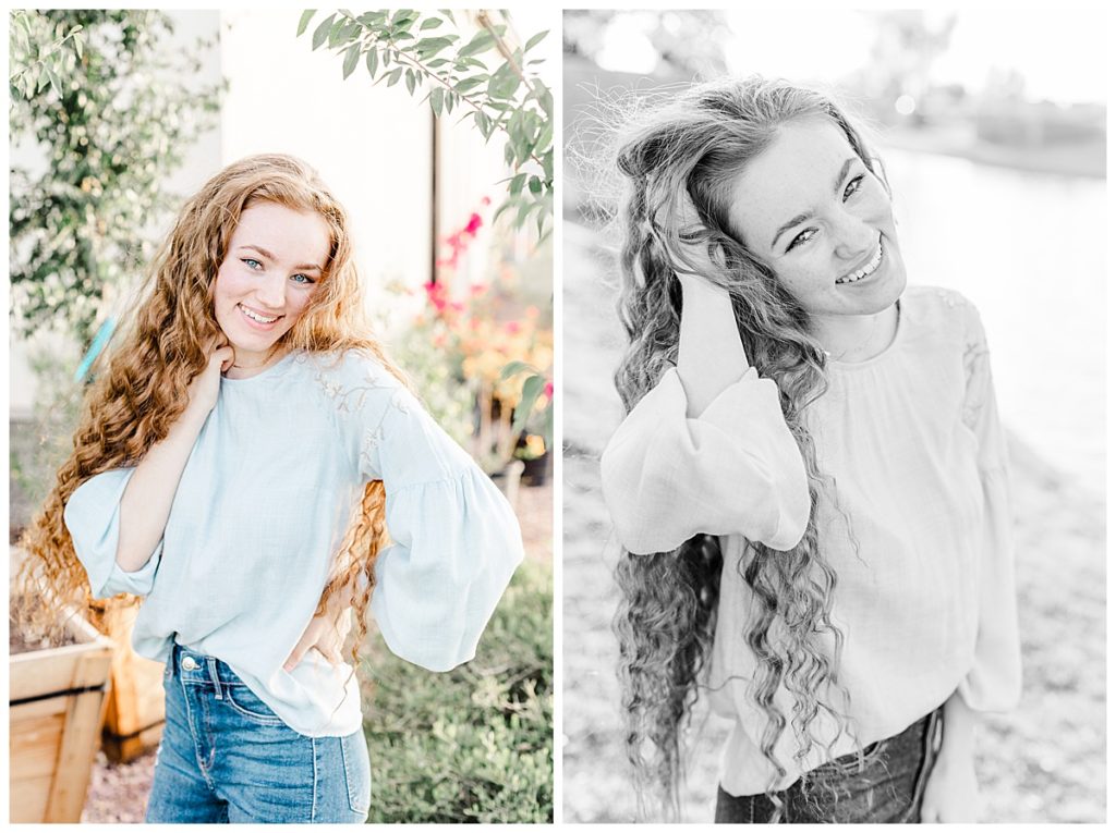 Addi's senior photos at Layton Lakes, girl laughing and playing with hair