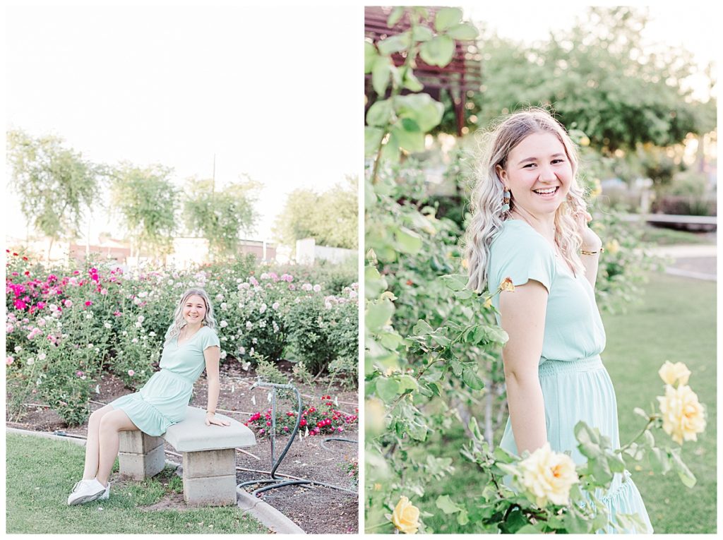 Hayley's rose garden senior photos, girl sitting on bench in rose garden at MCC and standing next to yellow roses