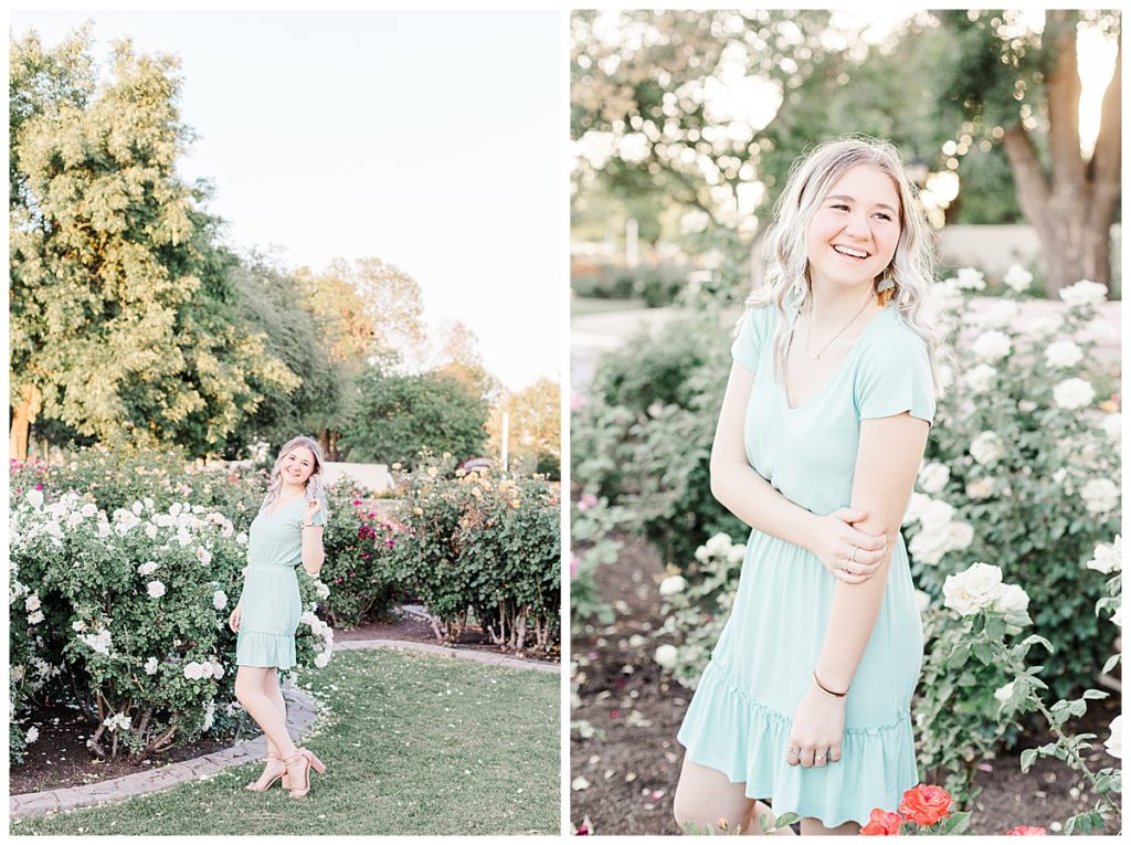 Hayley's rose garden senior photos, girl standing in pink heels wearing a blue dress laughing