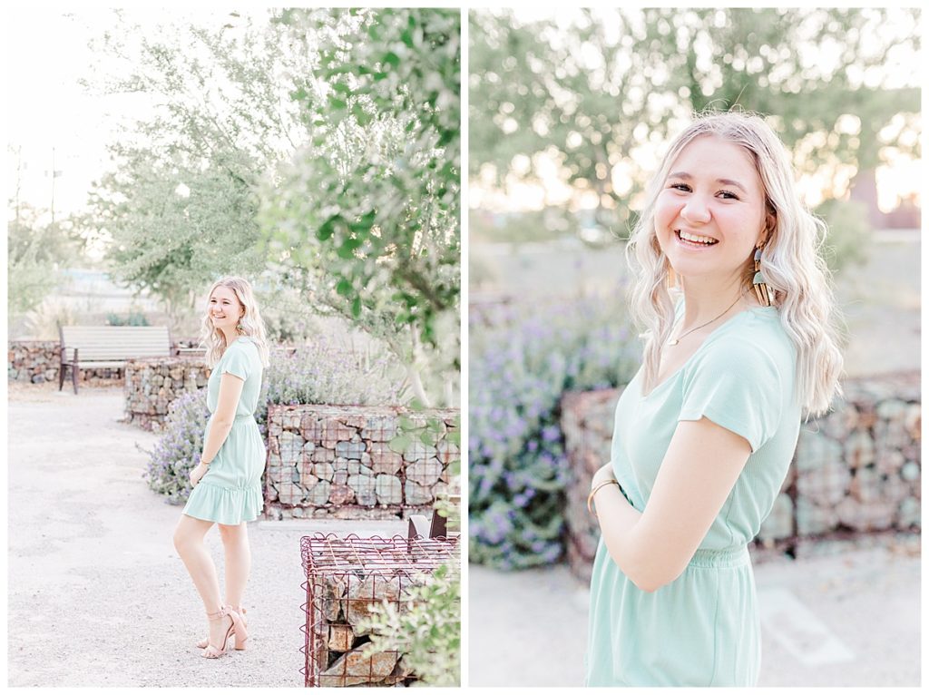 Hayley's senior photos at MCC rose garden, girl wearing blue dress and pink heels