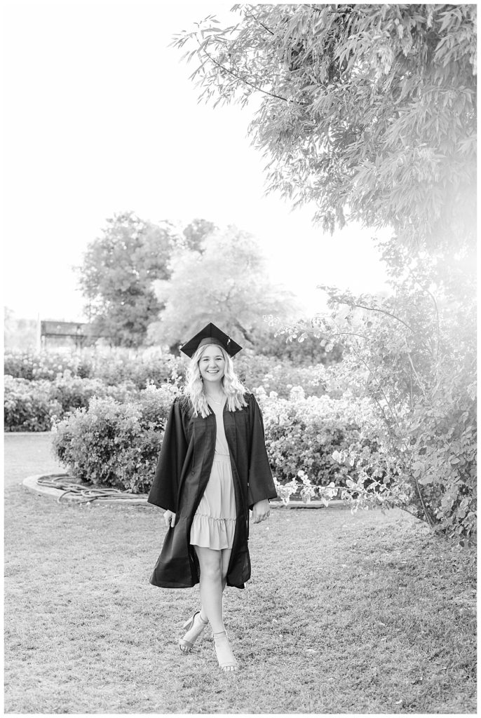 Hayley's rose garden senior photos, black and white photo of girl wearing a cap and gown walking toward the camera