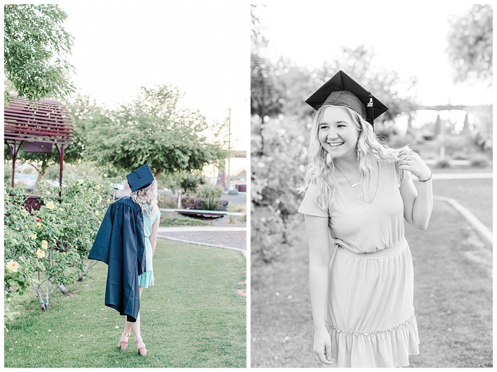 Hayley's rose garden senior photos, girl wearing cap and gown walking away
