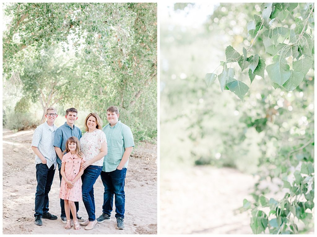 Family photo of mom and her 4 children, and a photo of a leaf and branch on a tree at queen creek wash 