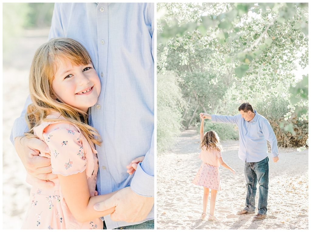 daughter wearing a pick dress dancing with her dad at Queen Creek Wash, and a photo of her giving the dad a hug