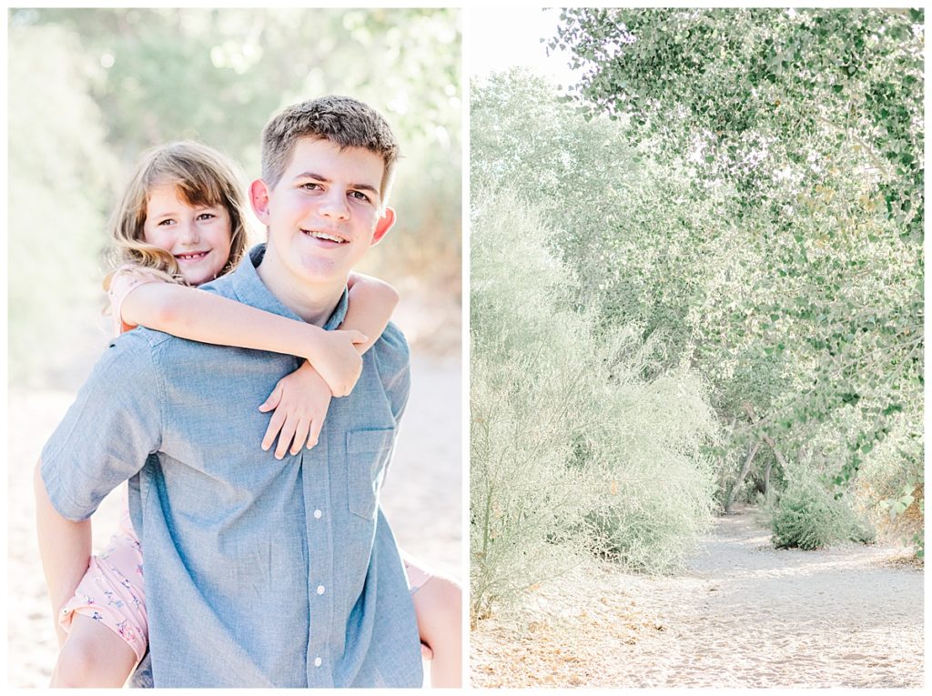big brother giving his little sister a piggy back ride at queen creek wash 