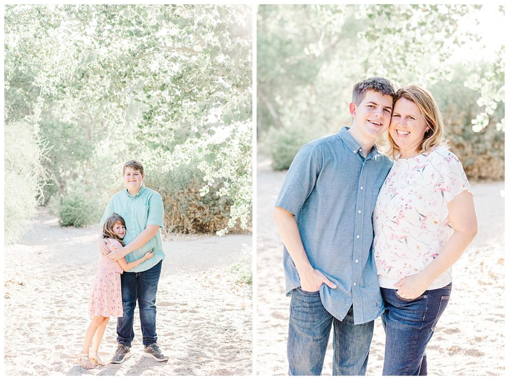Ison's family photos, little girl hugging her brother and mom and son smiling together 